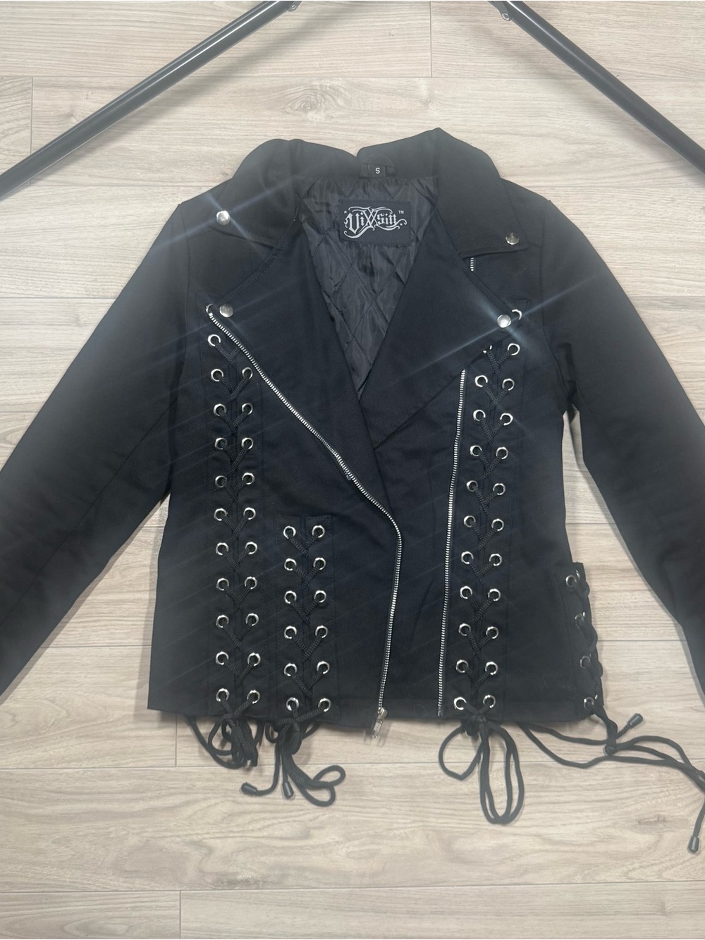 Black Lace-Up Moto Jacket by Vixxsin